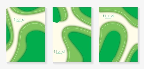 Green Fluid 3D Papercut Cover Set. Dynamic Background for invitation, booklet or business card design. Modern Vector paper background