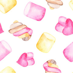 Watercolor seamless pattern of marshmallows. Texture for wallpaper, scrapbooking, packaging, clothing, textiles, kitchen design, wedding.