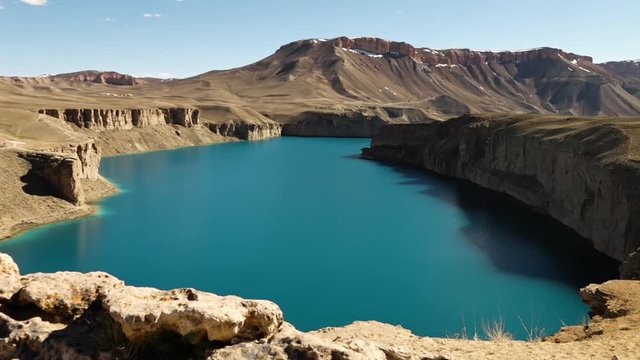 Band-e Amir Lakes. Band-e Amir National Park, Bamyan Province, Afghanistan. Pan Right. Landscape. Panorama. Wide Shot.