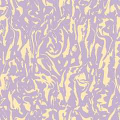 Abstract seamless pattern with mirrored symmetrical, warped stripe shapes in shades of lilac and yellow.
