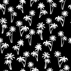 Seamless pattern, vector palm tree on black.