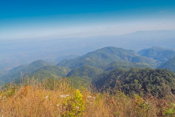 Mountain view morning on top of Doi Ang Khang above many hills and green forest cover with soft mist and blue sky background, Doi Angkhang, Chiang Mai, northern of Thailand.