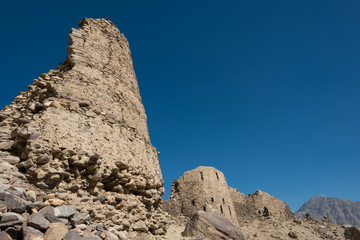 Pamir Mountains, Tajikistan - Aug 22 2018: Ruins of Yamchun Fort in the Wakhan Valley in Gorno-Badakhshan, Tajikistan. It is located in the Tajikistan and Afghanistan border.