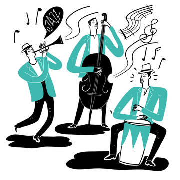 Hand drawing the musicians playing music. Vector Illustration doodle style.