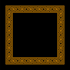 square frame with seamless meander pattern. greek key. greek fret repeated motif. meandros decorative border. orange vector border on simple black background. geometric shapes. classic ornament