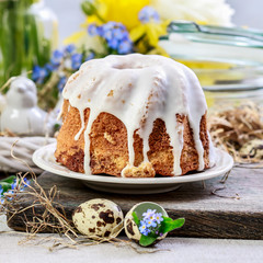 Traditional easter cake and seasonal table decorations.