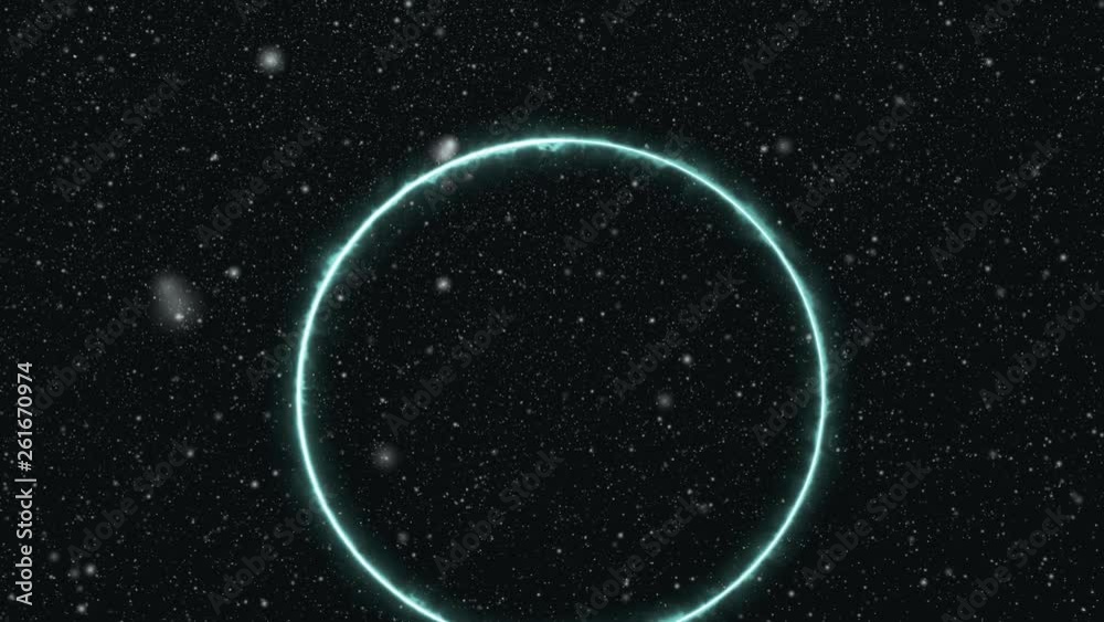 Wall mural glowing neon ring forms in abstract outer space background as you pass by stars. visual effects abst