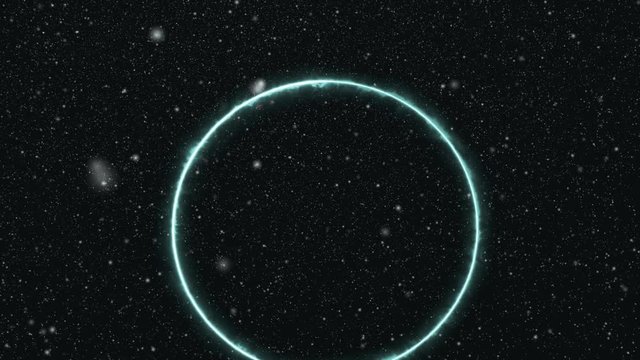 Glowing neon ring forms in abstract outer space background as you pass by stars. Visual effects abstract motion design animation for background intro, title or credits. 