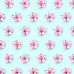 Realistic chinese pink sakura pattern on soft blue sky background. Oriental textile design template flower blossom spring background. 3D nature backdrop vector illustration