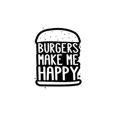 The inscription - burgers make me happy. It can be used for sticker, patch, phone case, poster, t-shirt, mug etc.