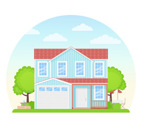 House exterior front view. Vector illustration. Flat design.