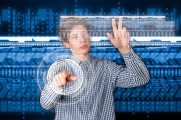 young man use 3d digital interface or hud b