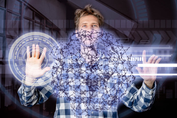 young man use 3d digital interface or hud b