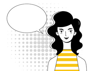 Young girl with wavy hair is smiling. Comic cloud for dialogue. Retro illustration. Linear drawing in the style of pop art.