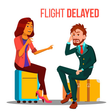 Flight Delayed, Cancelled Cartoon Vector Poster Template. Tired, Stressed People In Airport Terminal. Man And Woman Sitting On Suitcases In Departure Lounge. Travel, Business Trip Flat Illustration