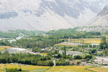 Ishkashim, Tajikistan - Aug 23 2018: Afghanistan Village at Wakhan Valley View from Khaakha...