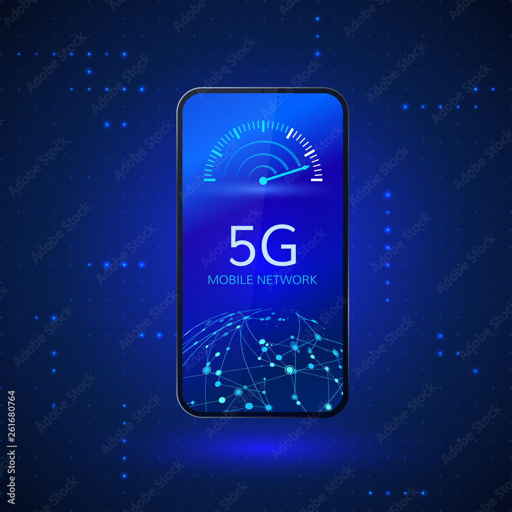 Poster 5g network wireless systems and internet. communication network. mobile phone with internet speed in