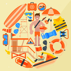Rescue workerround pattern vector illustration. Lifeguard equipment. Rescue worker station. Lifeguard training. Supplies such as life vest, chair, flag, whistle, megaphone, rescue can.