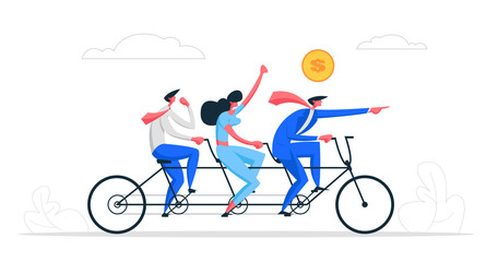 Finance Teamwork Concept. Business People Riding Tandem Bicycle. Happy Businessman and Businesswoman Characters on Bike. Successful Cooperation Leadership Metaphor. Vector cartoon illustration