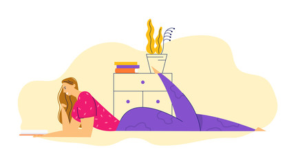 Young Happy Woman Reading Book at Home. Female Character with Textbook. Girl Learning and Studying in Library. Education Concept. Vector flat cartoon illustration
