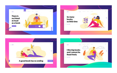 Characters Reading Books Landing Page Set. Man and Woman with Book at Home Interior. Education Study Concept with People Learning Textbook Website, Banner. Vector flat illustration