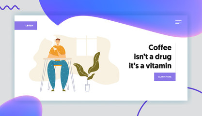 Happy Man Relaxing at Home and Drinking Hot Coffee Landing Page. Male Character with Cup of Tea. Guy Sitting in Cafe with Coffee Website, Web Page, Banner. Vector flat cartoon illustration