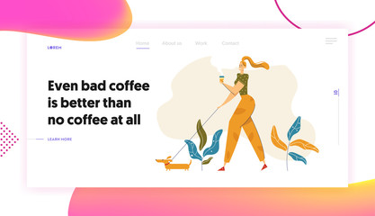 Happy Young Woman Walking in the Park with Dog and Cup of Coffee Landing Page. Female Character Drinking Coffee Outdoor on the Walk Website, Banner, Web Page. Vector flat cartoon illustration