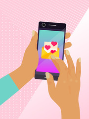 Sending love message to lover with envelope and pink hearts poster vector illustration. Hand holding smartphone touching send button on the screen. Happy Valentines Day concept.