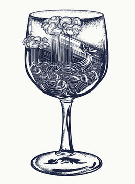 Paper ship in a glass tattoo and t-shirt design. Big waves and the small boat in ocean. Symbol fear and hope, fight against difficulties, alcoholism. Psychological illustration