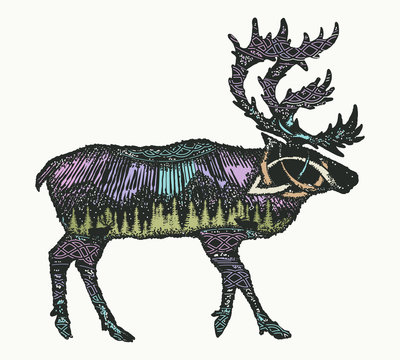 Reindeer double exposure animals color tattoo and t-shirt design. Symbol tourism, travel, far north