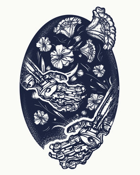 Robot hands and flowers tattoo and t-shirt design. Symbol of life and death, humans and robots, immortal and mortal