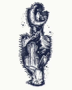 Cactus double exposure tattoo and t-shirt design. Skull  bull, moon and desert. Symbol of Wild West, travel, mysticism and shamanism
