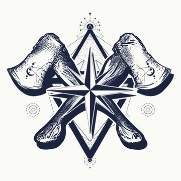 Azimuth and crossed axes tattoo and t-shirt design. Symbol of travel,  outdoor, wild nature and survival Stock Vector | Adobe Stock