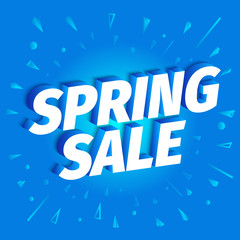 Fototapeta na wymiar Spring Sale. Seasonal discounts. 3d letters on a blue background. Spring season time. Advertising promotion poster. Slogan, call for purchases offer. Vector color Illustration text marketing clipart.