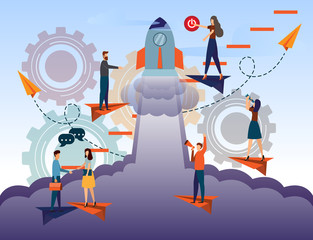 Business Start Up Concept for web page, business woman push start button for business start up. banner, social media. business project startup process, idea through planning and strategy, realization.