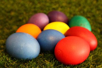 Fototapeta na wymiar several colorful easter eggs on the green grass background closeup