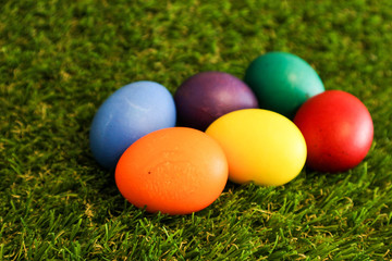 Six easter egg row on green grass background