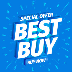 Best buy. 3d letters on a blue background. Advertising promotion poster with button. Special offer slogan, super call for purchases offer. Vector color Illustration text marketing clipart.