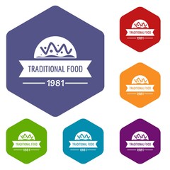 Traditional food icons vector colorful hexahedron set collection isolated on white 