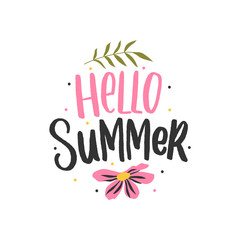 Seasonal illustration with lettering hello summer and flowers for card, print, decor. - 261684510