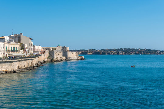 View of the Still Mediterranean Sea and Syracuse, Sicily, Italy