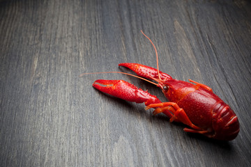 Red cooked lobster on black wooden table