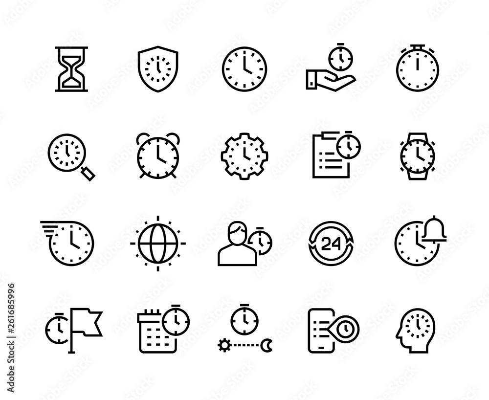 Poster time management line icons. stopwatch, alarm and hourglass thin vector symbols. timekeeping and busi