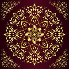 Vintage background mandala card with golden lace ornaments and art deco floral decorative elements