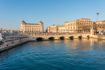 River, Bridge and Cityscape in Syracuse, Sicily, Italy
