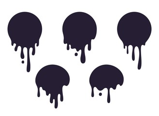 Dripping circle paint. Round liquid blob drops, ink graffiti splash shape, chocolate caramel milk leak. Vector circular paint black splatter spot set