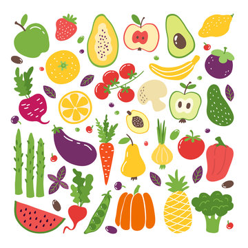 Doodle flat fruits and vegetables. Hand drawn berries potato onion tomato apples, vegetarian set. Vector fruits doodle sketch colourful organic illustrations fresh style