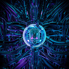 The skull pod / 3D illustration of science fiction scene showing evil artificial intelligence inside complex futuristic computer machinery © grandeduc