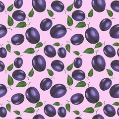 Pattern Plum fruit berry Watercolor Digital paper seamless illustration set of summer botanical decorations greeting card design