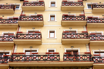 The appearance of the hotel is beautiful, extremely complex, perspective, balconies.